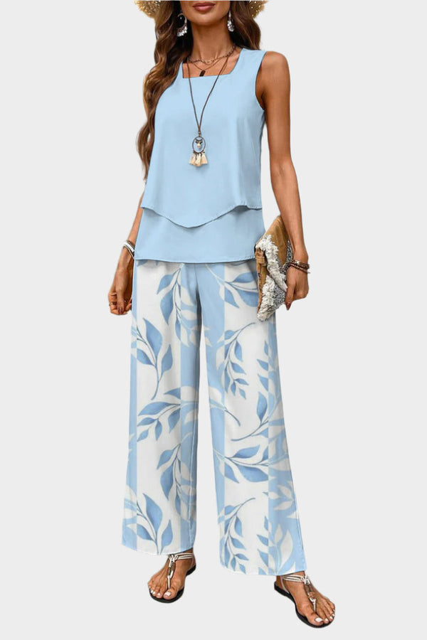 Summer Set with Sleeveless Top and Leaf Print Pants