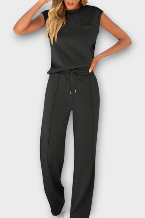 Sleeveless Blouse and Pants Set with Drawstring