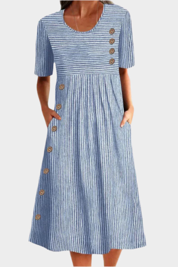 Midi Dress with Buttons and Striped Design