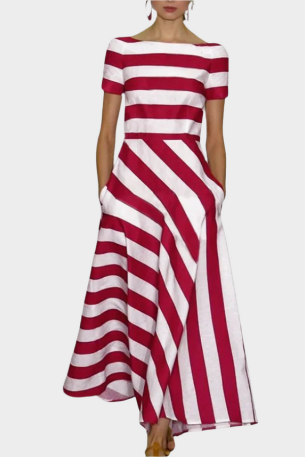 Elegant Long Dress with Stripes and Short Sleeves