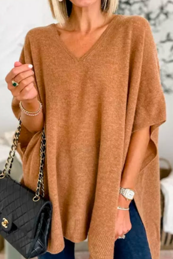 Erica - V Neck Loose Fit Solid Poncho Sweater