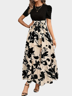 Floral Dress with High Waist and Striped Patterns