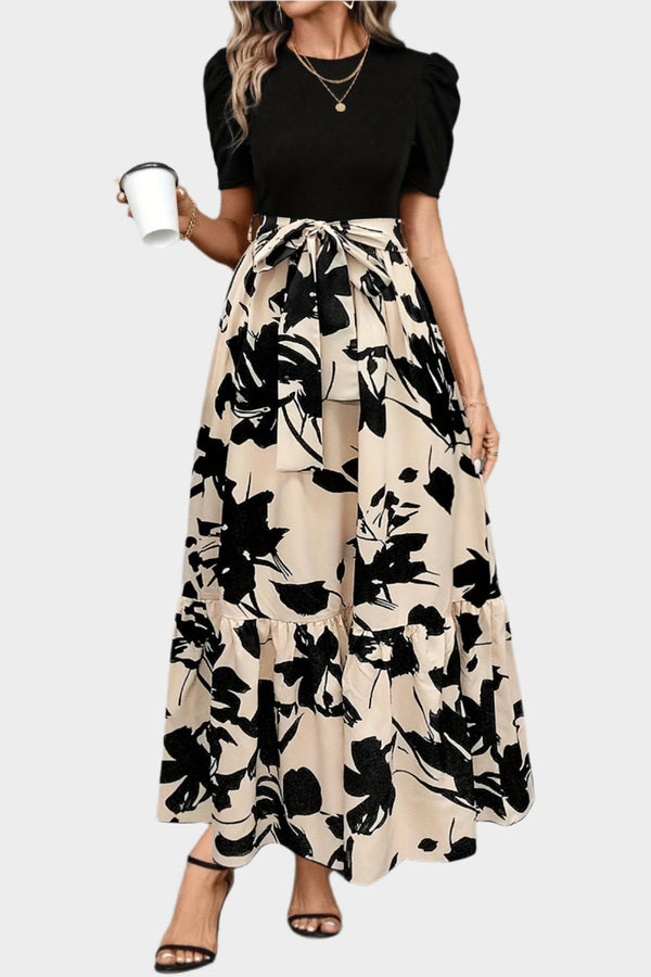 Floral Dress with High Waist and Striped Patterns