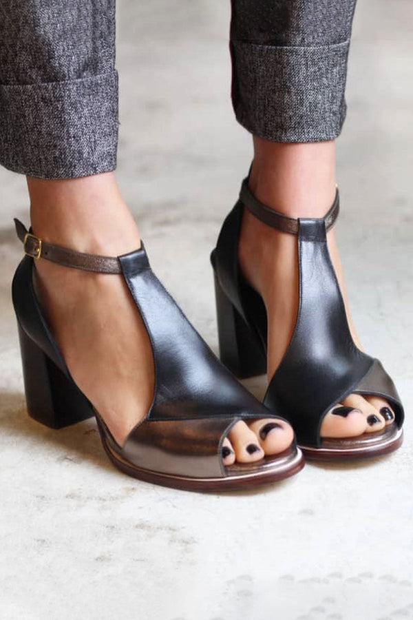 Anyao™ | Black Patchwork Open-Toe Heels