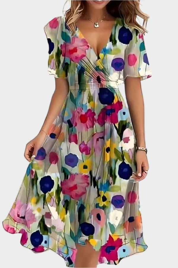 Airy Dress with Floral Design and V-Neck