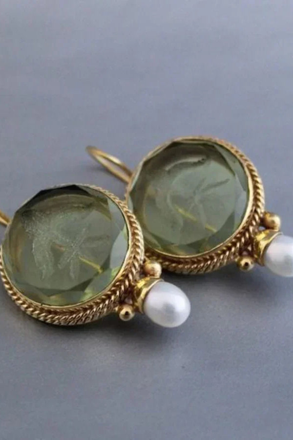Antique Rounded Green Stone Pearl Earrings | White Gold