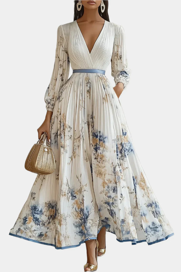 Long Dress with Puff Sleeves and V-Neck