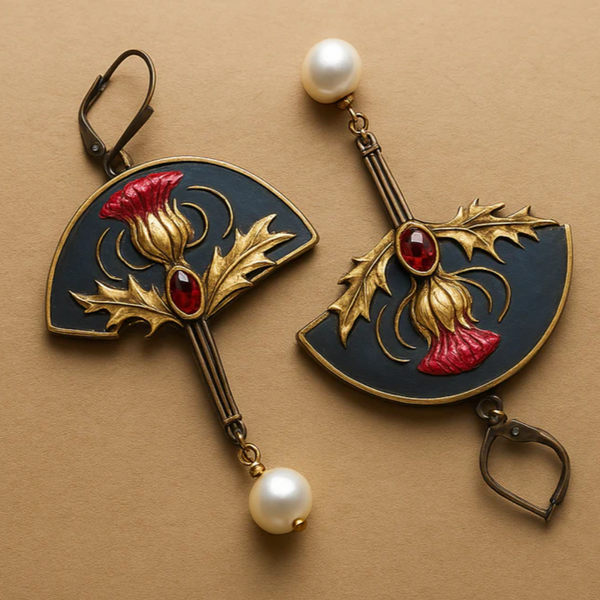 BOHO EARRINGS WITH PEARLS AND RED CRYSTAL
