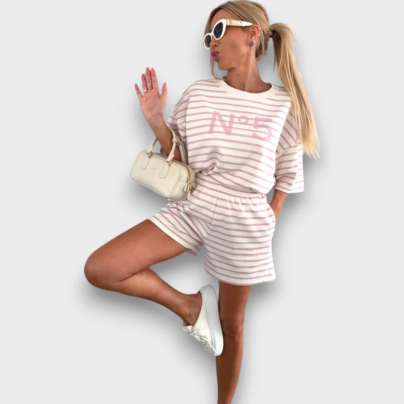 Striped Blouse and Shorts Set with Print