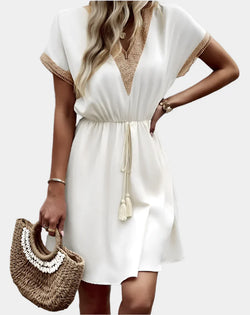Romantic Boho Dress with Belt and V Neckline
