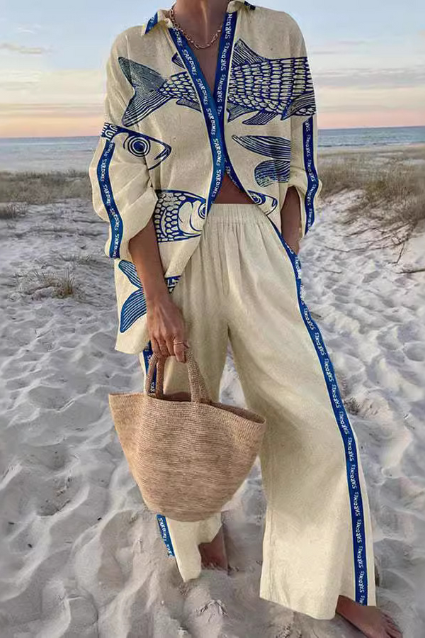Yazette™ | Blue Fish Print Linen Set