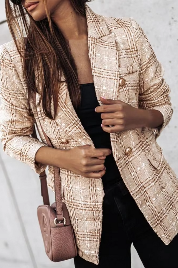 Avery™ - Modern Plaid Print Double Breasted Spring Blazer