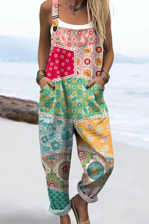 Women's Jumpsuit - Vintage Floral Design, Wide Legs for Comfort and Style