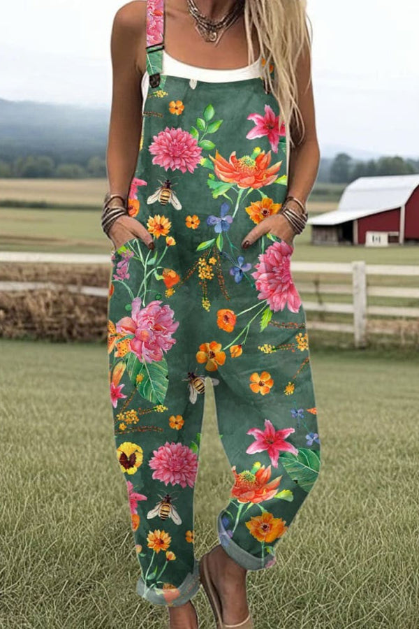 Women's Jumpsuit - Vintage Floral Design, Wide Leg Pants for Comfort and Style