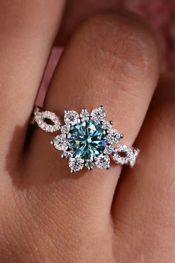 Crystal Turquoise Flower Ring | White Gold